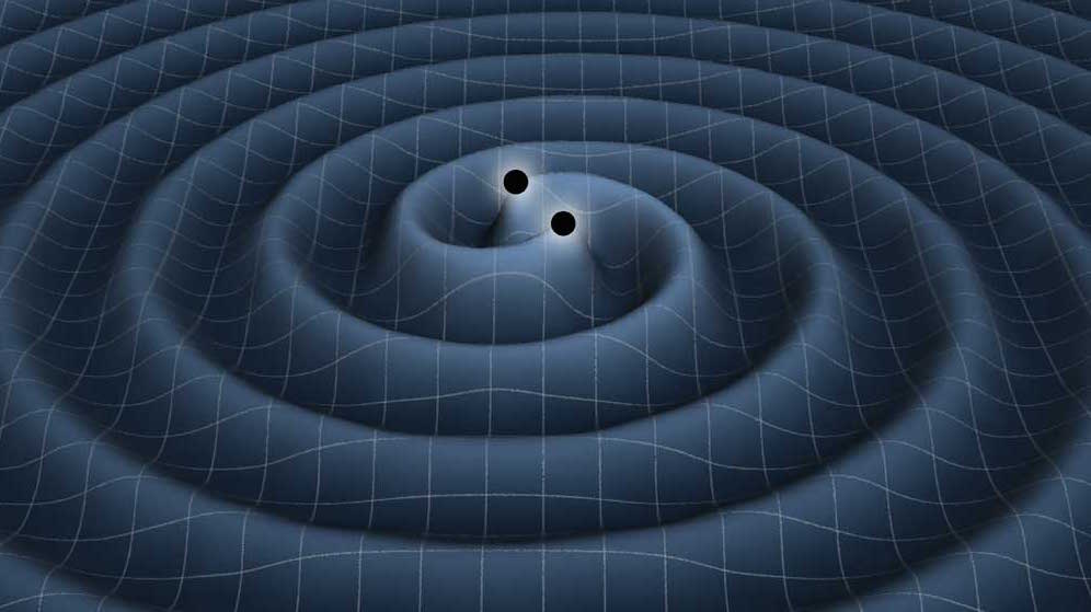 Distorsión del espacio-tiempo producida por dos cuerpos masivos orbitando alrededor de su centro de masa común.